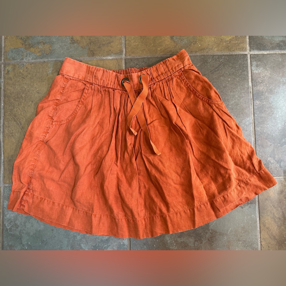 J. Crew Orange 100% Linen Drawstring Elastic Waist A-Line Mini Skirt Size 2